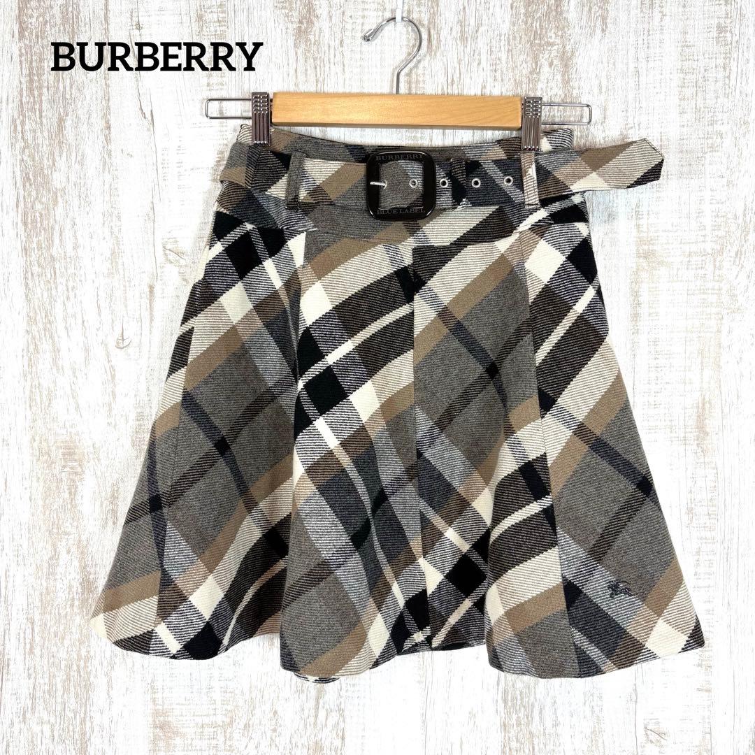 美品 バーバリー ホースロゴ刺繍 ベルト付き メガチェック ウール スカート
