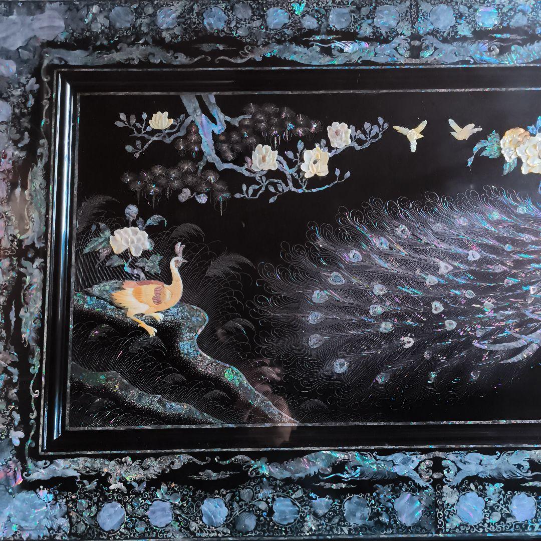 鄭鐘基作 最高級螺鈿座敷机 孔雀（くじゃく）紋 座卓（引取り限定）