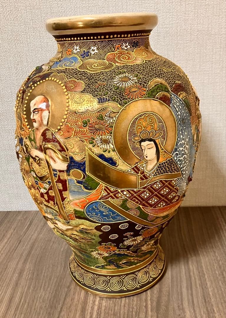 薩摩焼 金襴手 羅漢・観音図 大型壺 アンティーク美術品