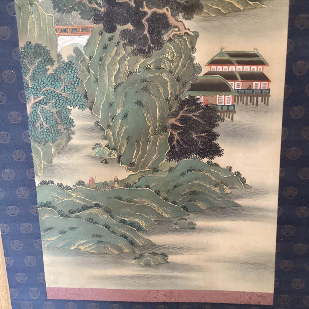 柳澤淇園　絹本着色　掛軸一幅【湖畔に浮かぶ風景画】岩絵具　軸先良品　模写　245
