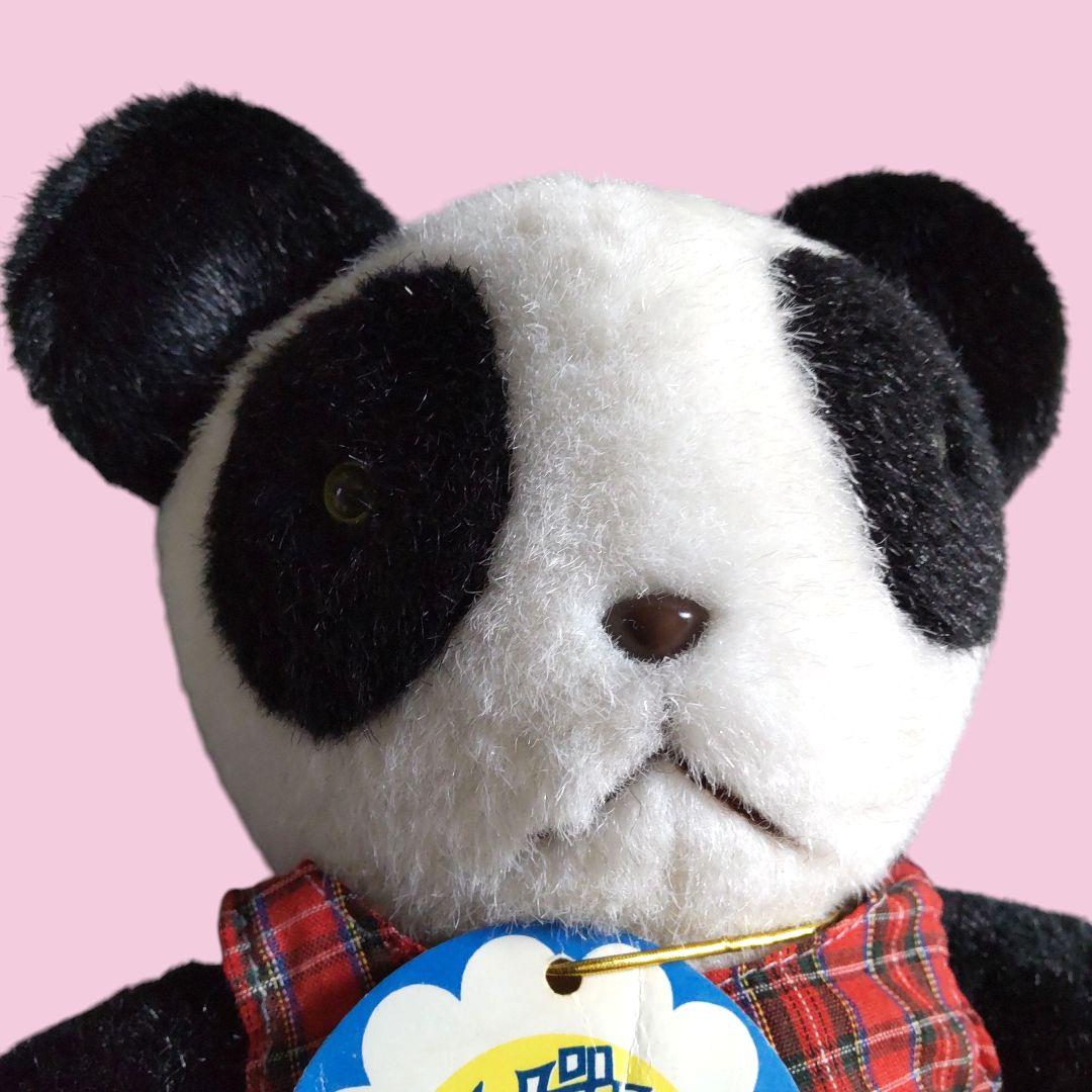 [洗濯済]パンダ ぬいぐるみ 赤いチェック柄洋服付き レトロ レア