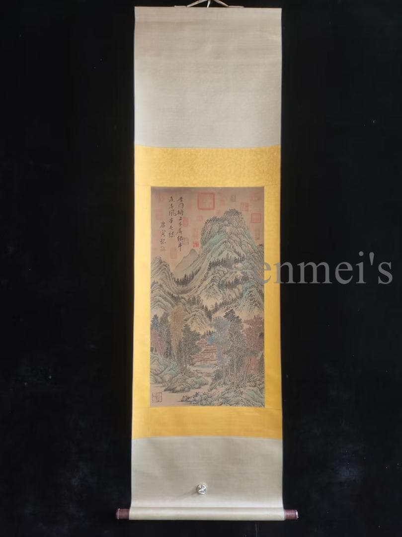 中国古美術 明代 文徴明作款 山水図 青門山上居 水墨画 掛軸絹本 三尺 手描き