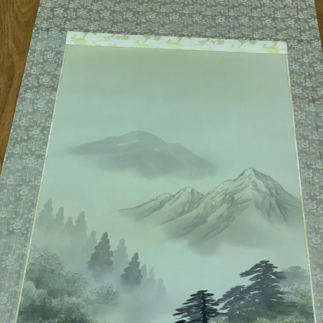 掛軸 森兼窓 時代彩色山水 共箱付き 尺五立 年中掛け 季節掛け 日本画 彩色画