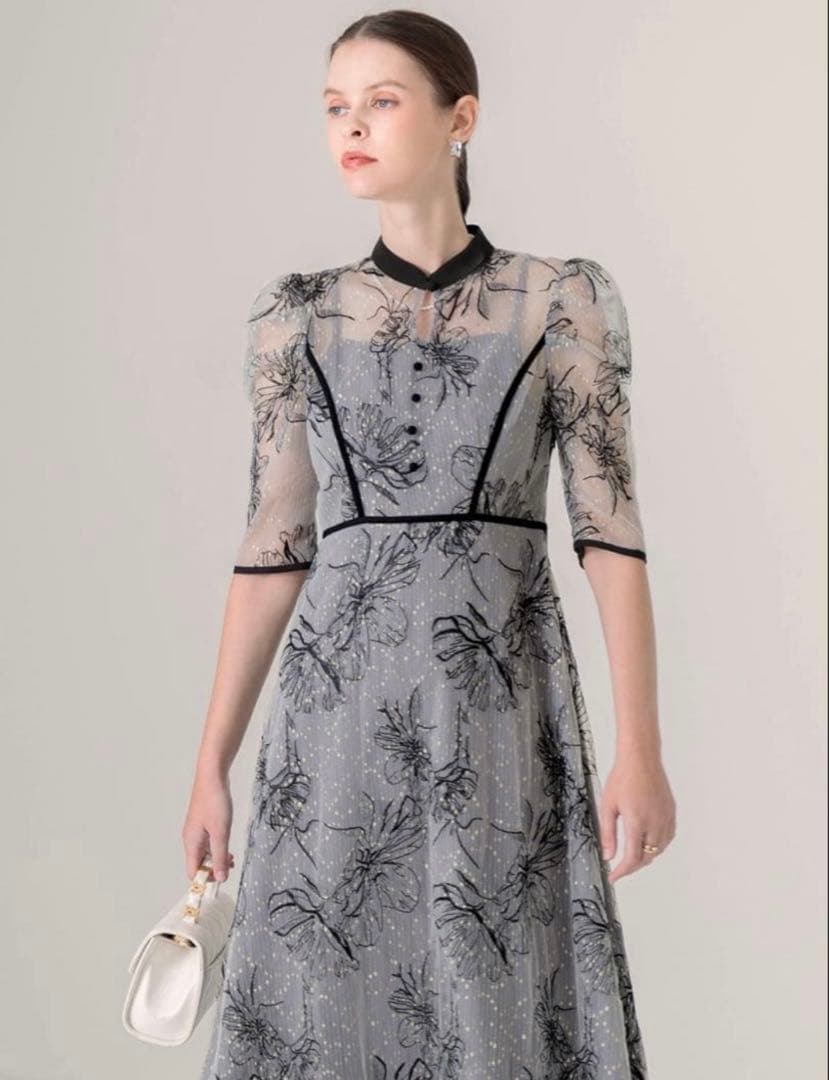 パイピングハイネック花柄ラメレースワンピースドレス結婚式二次会パーティー成人式