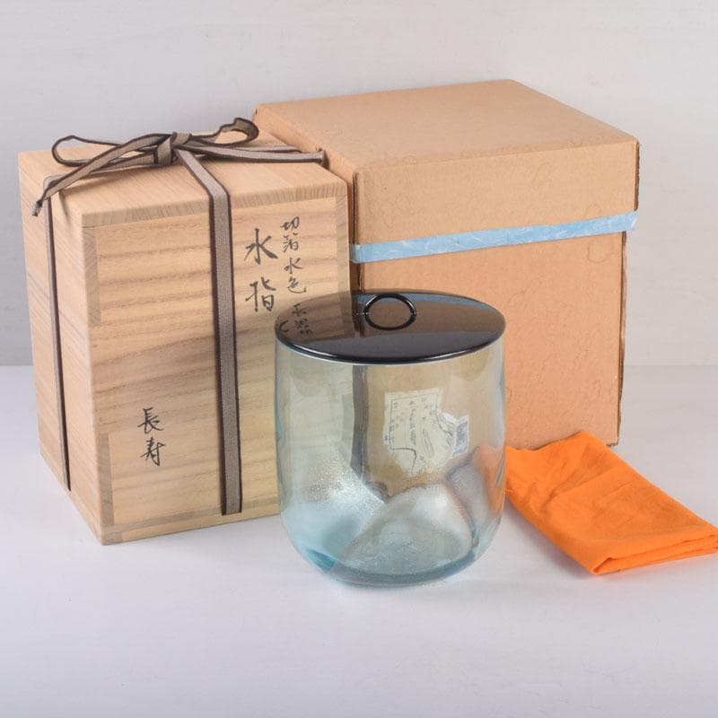 茶道具　水崎長寿作　義山　切箔　水色　水指　蓋裏波車蒔絵　共箱　V　8380