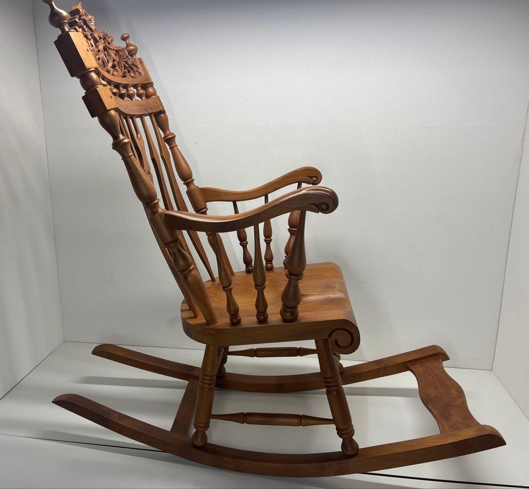 希少 木製 ロッキングチェアー 彫刻入 揺り椅子 ウッドチェア アームチェア