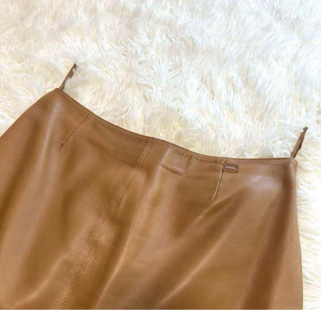 美品　シャネル　スカート　38 ブラウン系　ラムスキンレザー