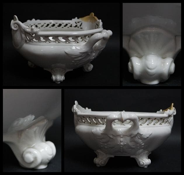 明治期 京都陶器會社作 白磁 細工彫り『花文』透かし彫 鉢 深鉢 飾り鉢 獣足