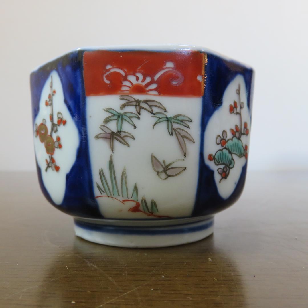 小鉢 向付 染付 色絵付け 江戸 明治 松竹梅 蝶 八角鉢 5客 美品