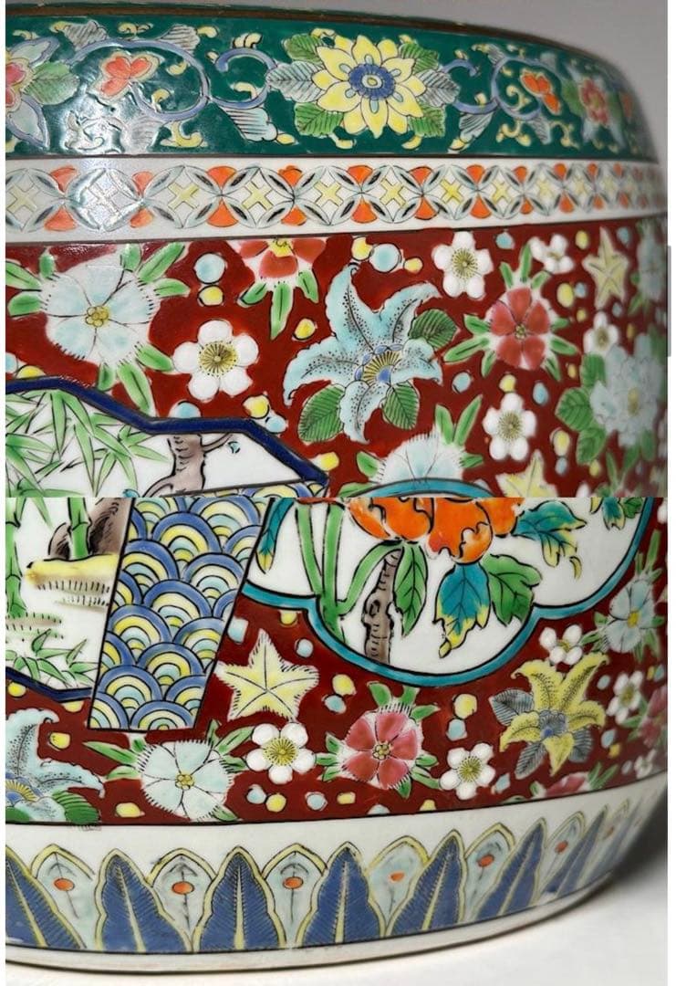 伊万里焼　色絵 十錦手 梅蘭竹菊松鶴鳥唐草文　火鉢