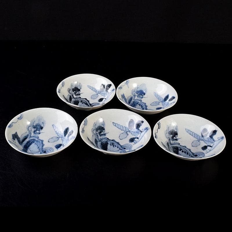 中国　南京染付　神獣文　小皿　豆皿　5客　時代箱付　C　R7810