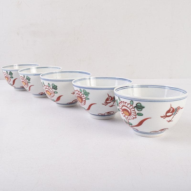 九谷焼　須田青華造　呉須赤絵写し　福字花文　煎茶碗　五客　共箱　M　R9018