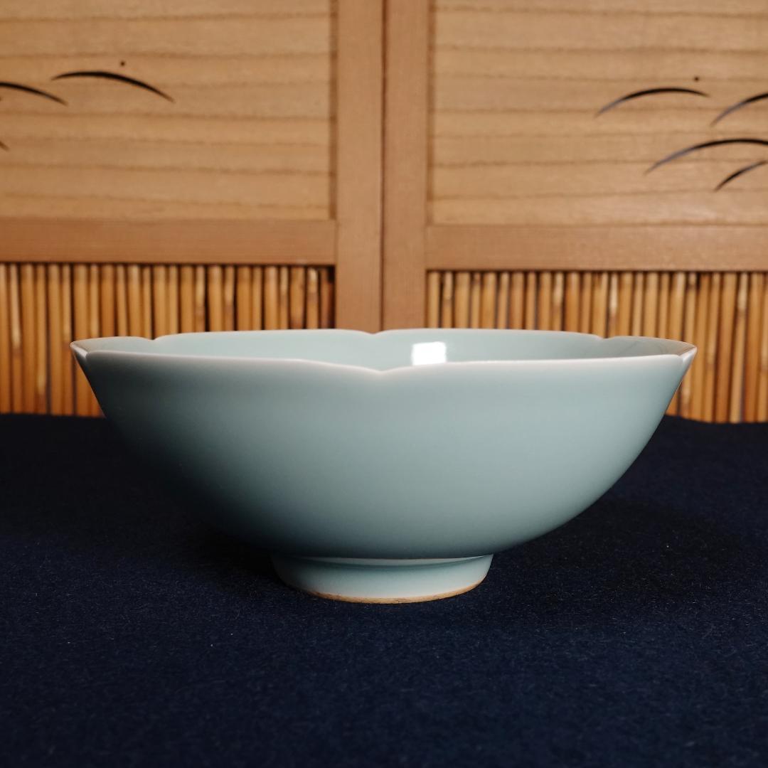 二代 加藤渓山造 砧青瓷 馬蝗絆茶碗 共箱 茶道具