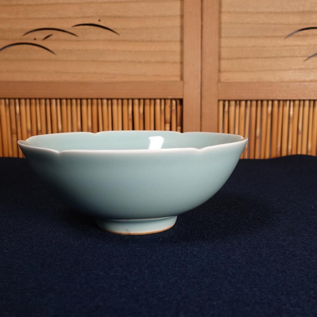 二代 加藤渓山造 砧青瓷 馬蝗絆茶碗 共箱 茶道具