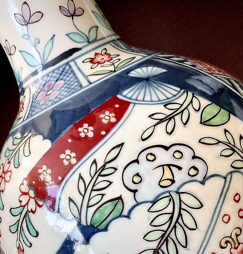 №８７６　佐藤走波（六代）　花瓶or つぼ　染錦　扇絵辻が花文【特特選•一点物】