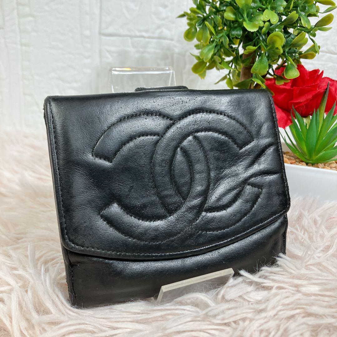 CHANEL シャネル ココ ラムレザー 二つ折り ブラック Wホック