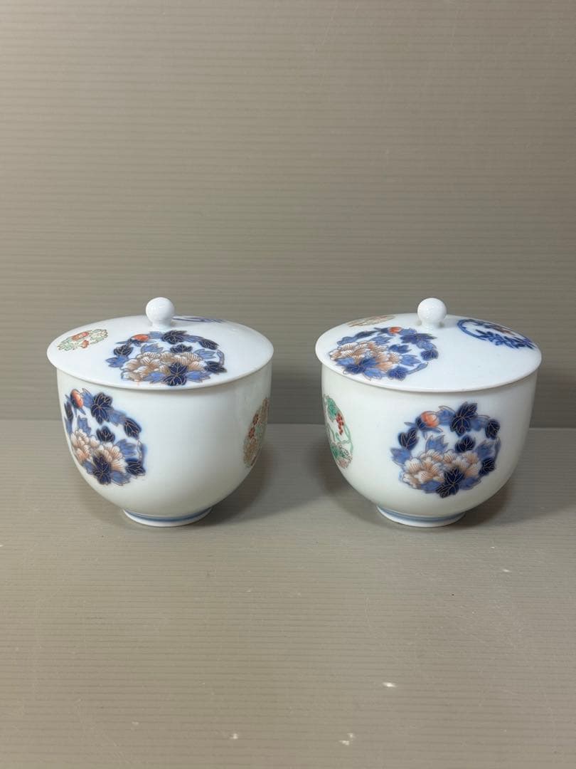 2394 深川製磁 染錦花丸文　湯呑蓋付　2客　時代物