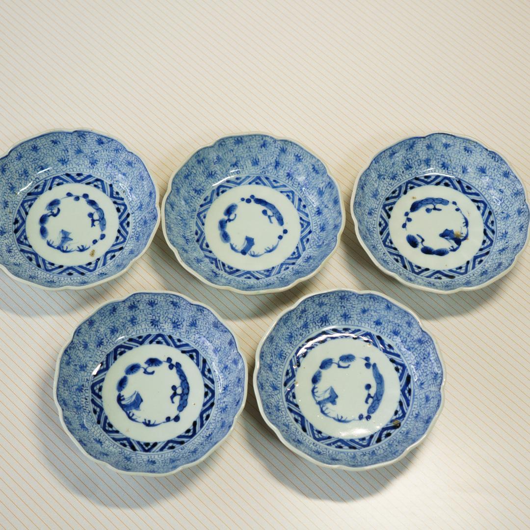 古伊万里　染付　微塵唐草 輪花縁　なます皿　成化年製 5枚セット