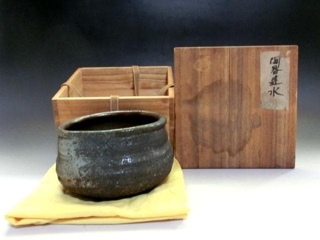 建水■古備前 陶器建水 歪み茶器 古いお茶道具 古美術 時代物 骨董品■