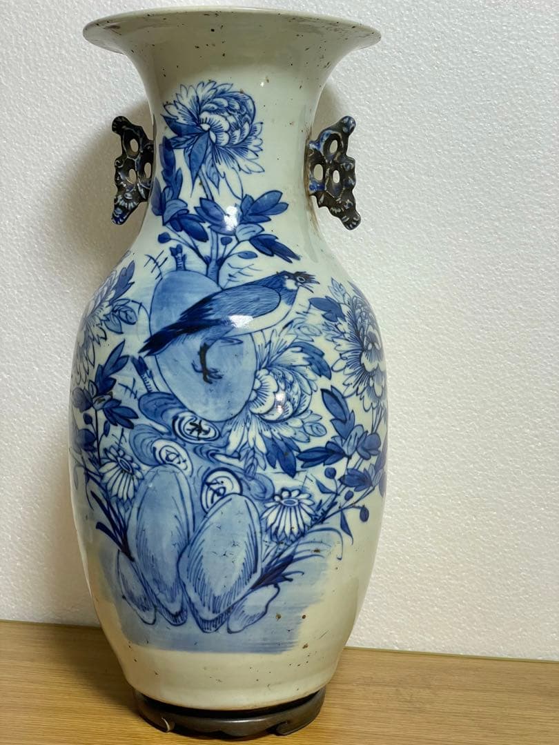 中国古玩　染付 双耳 大花瓶 高約43.2cm 清朝 時代物 中国美術 花瓶
