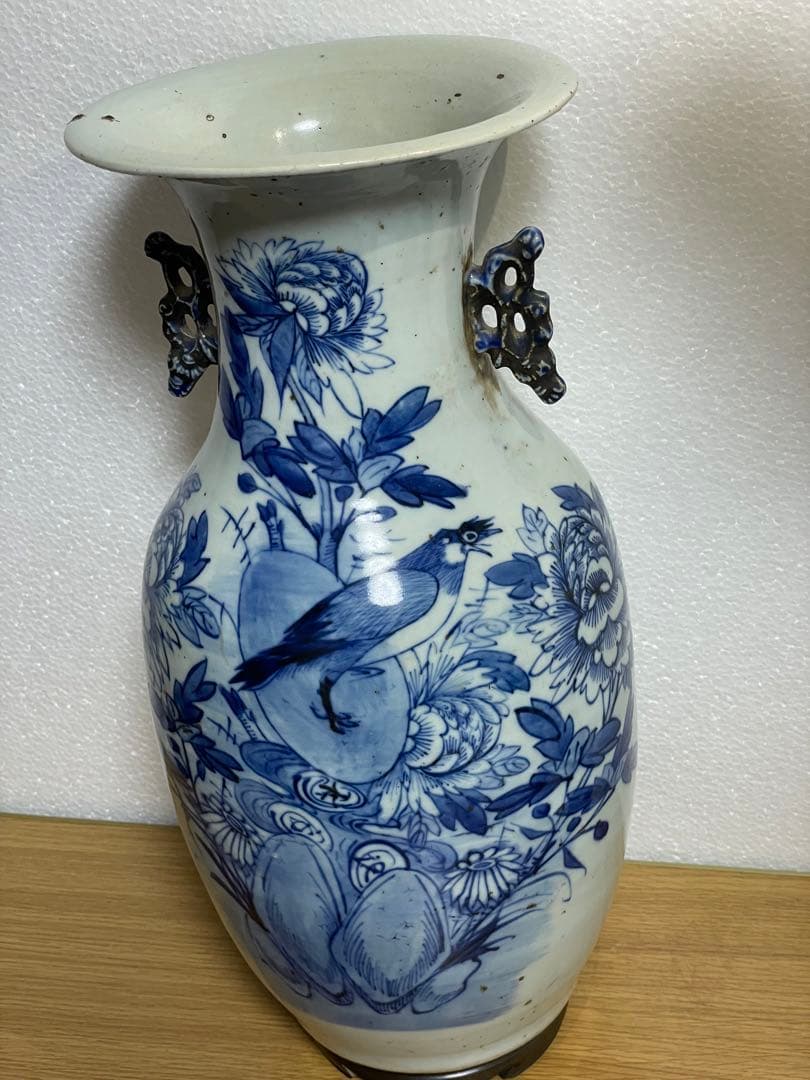 中国古玩　染付 双耳 大花瓶 高約43.2cm 清朝 時代物 中国美術 花瓶