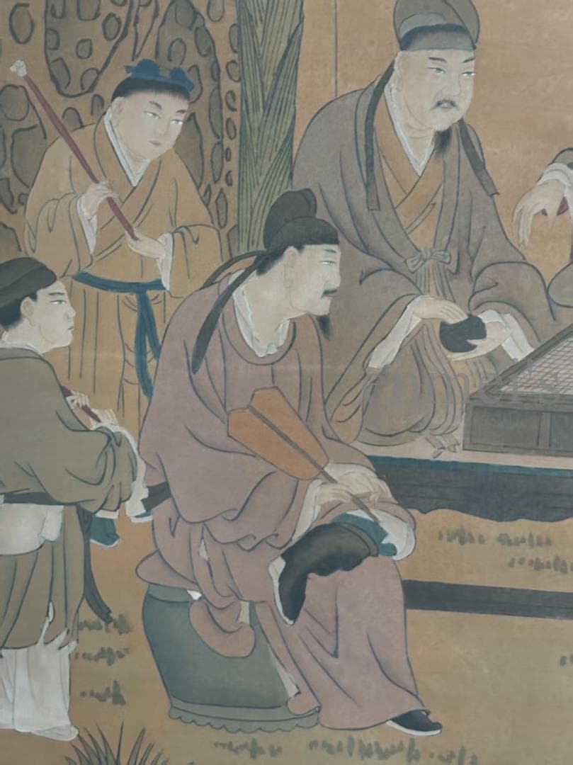 中国古美術・純手描き柳陰対弈図・六尺掛軸・水彩画・唐寅印款・書道品・絹本・肉筆