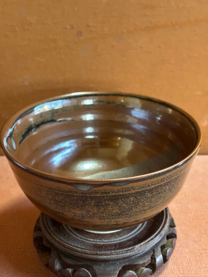やまちゃん河井寛次郎作寛彫銘柿鉄釉茶碗大正11年作　秀逸一品　検中国朝鮮倣
