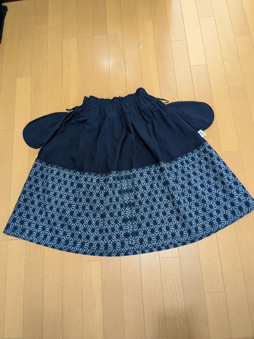 久留米絣　手織り　ネイビー フレアスカート 切り替え　藍暦　AIGOYOMI