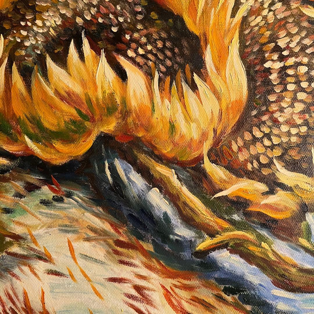 ★秀作★ 手描き油絵 ゴッホ 4本の切ったひまわり 絵画 インテリア 油彩画