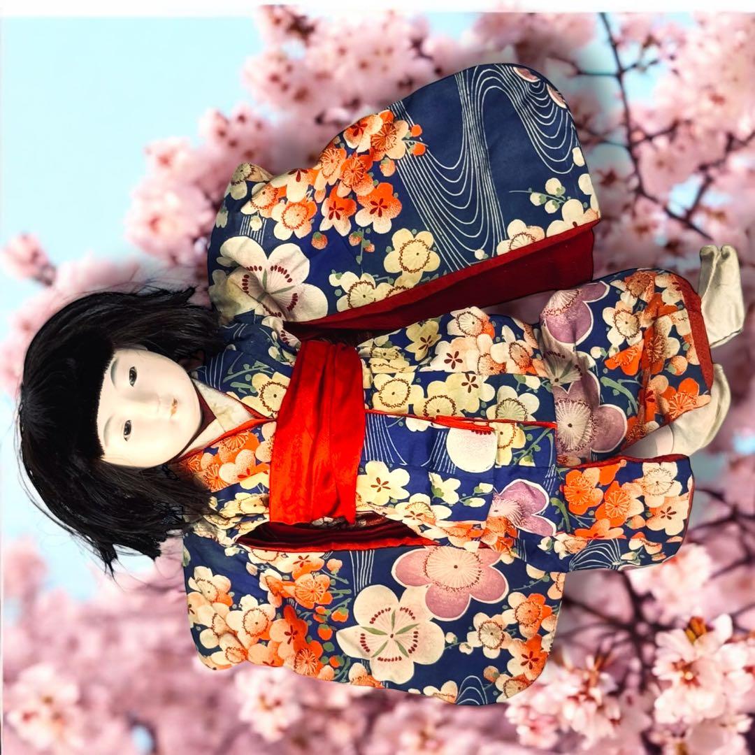 市松人形 明治期 三つ折れ ふいご 山桜 青縮緬着物 花柄 ガラス目 希少 泣き