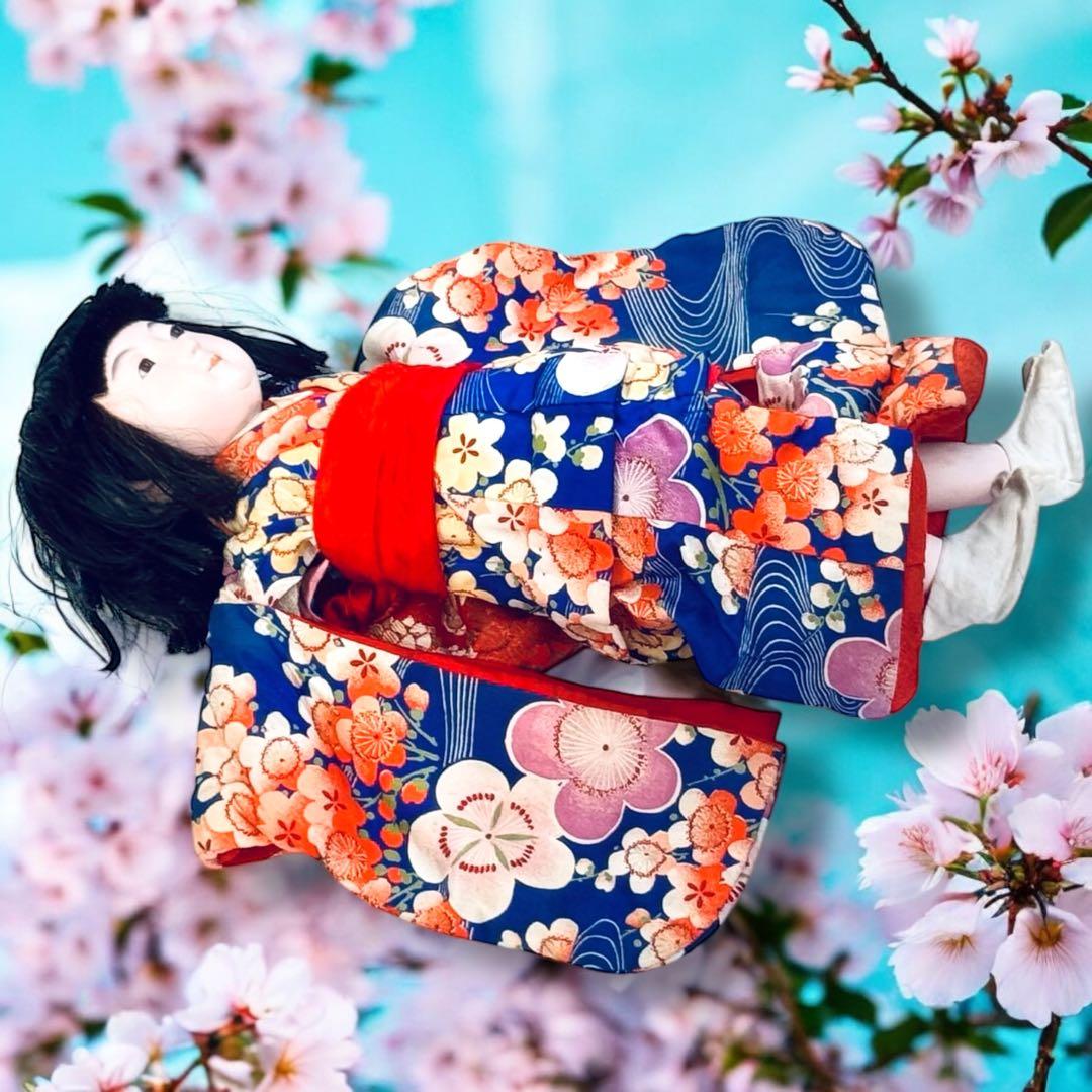 市松人形 明治期 三つ折れ ふいご 山桜 青縮緬着物 花柄 ガラス目 希少 泣き