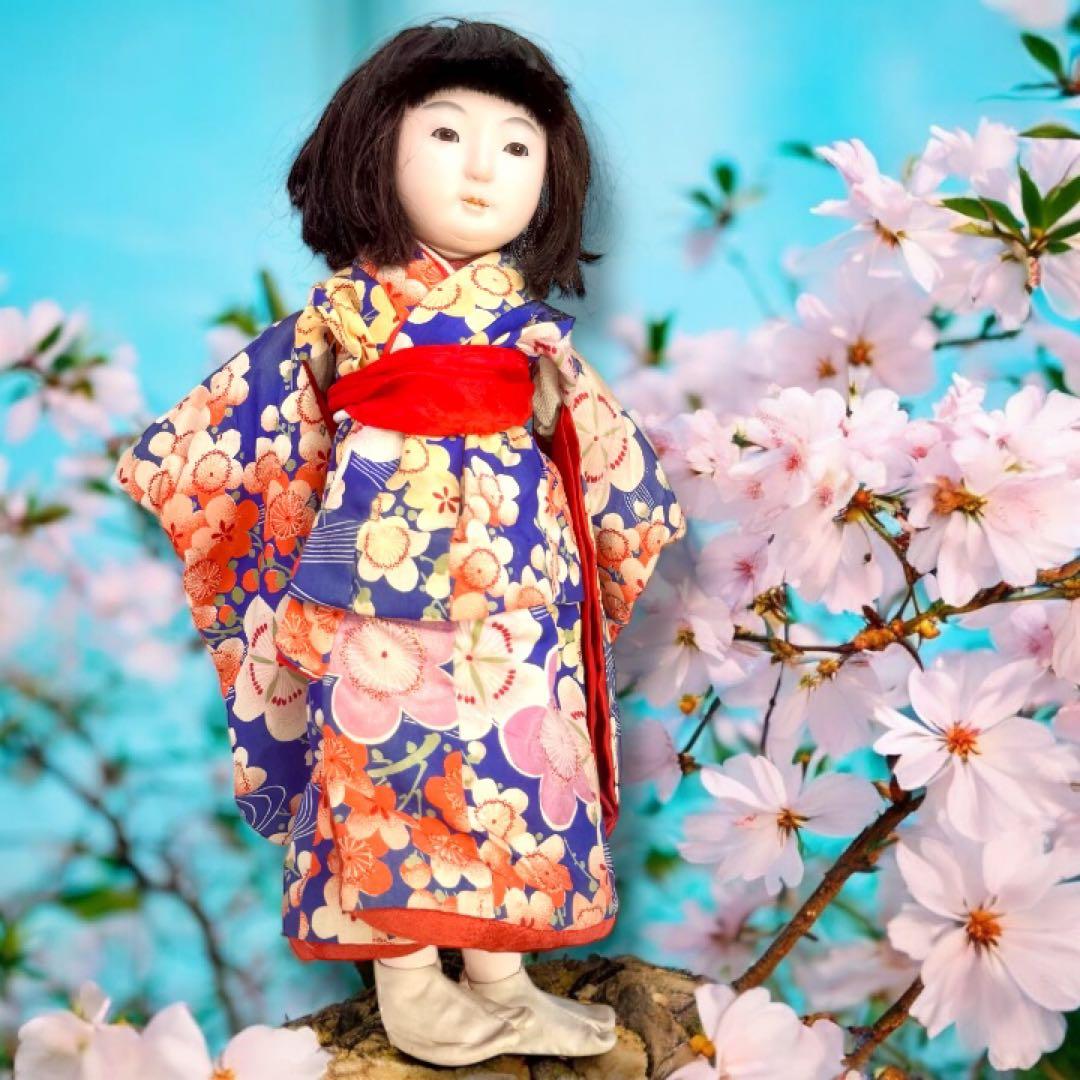 市松人形 明治期 三つ折れ ふいご 山桜 青縮緬着物 花柄 ガラス目 希少 泣き