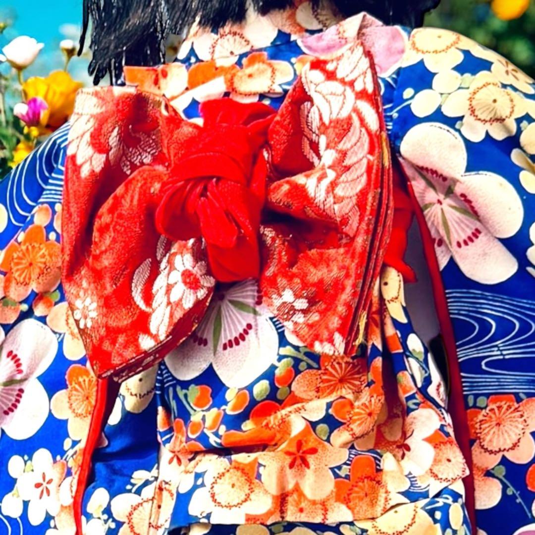 市松人形 明治期 三つ折れ ふいご 山桜 青縮緬着物 花柄 ガラス目 希少 泣き