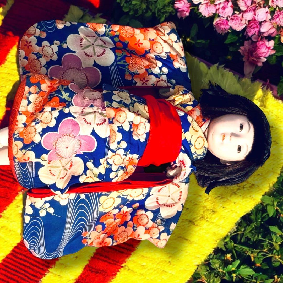 市松人形 明治期 三つ折れ ふいご 山桜 青縮緬着物 花柄 ガラス目 希少 泣き