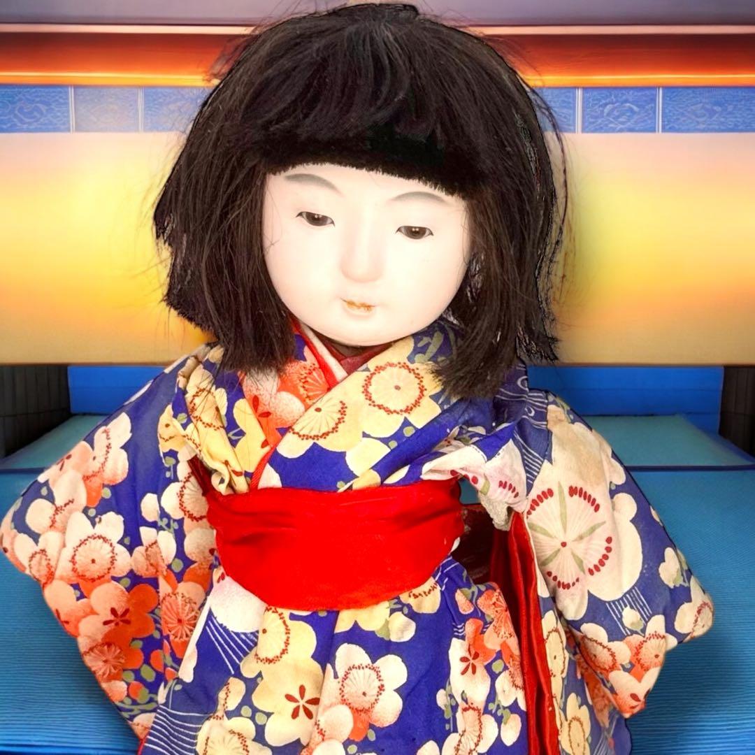 市松人形 明治期 三つ折れ ふいご 山桜 青縮緬着物 花柄 ガラス目 希少 泣き