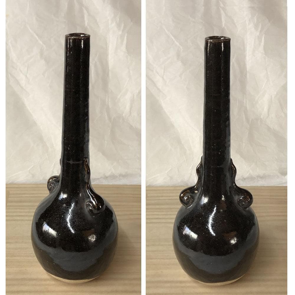 e3077 三浦竹軒 黒釉 鶴首 耳付 花入 共箱 茶道具