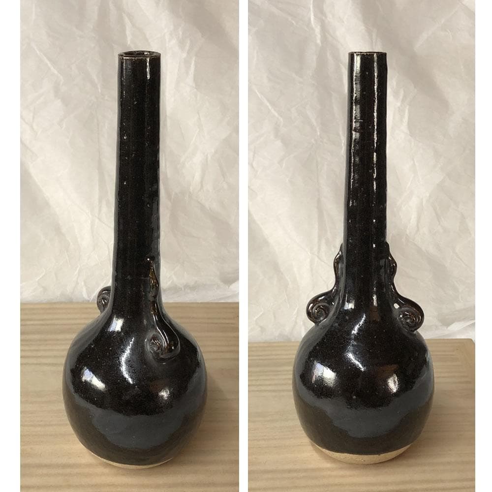 e3077 三浦竹軒 黒釉 鶴首 耳付 花入 共箱 茶道具