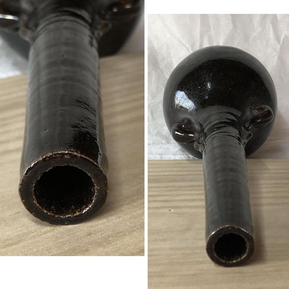 e3077 三浦竹軒 黒釉 鶴首 耳付 花入 共箱 茶道具