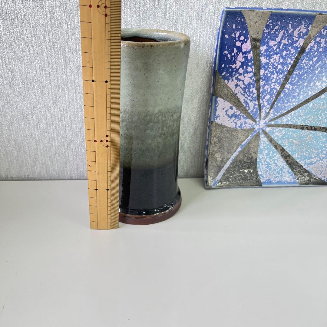 作家物　益子焼　浜田晋作　掛合釉　花生　花器　花瓶　　瀬戸浩　銀彩　板皿　作家