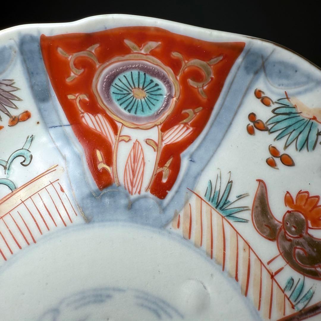 古伊万里　色絵花鳥図輪花形七寸皿　松竹梅　裏巻物文様　江戸期　金蘭手　最後の四枚