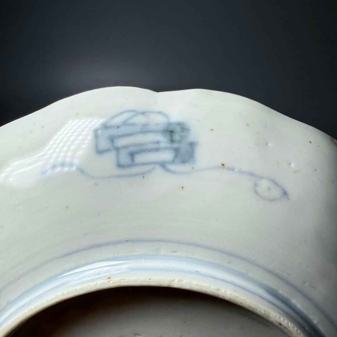 古伊万里　色絵花鳥図輪花形七寸皿　松竹梅　裏巻物文様　江戸期　金蘭手　最後の四枚