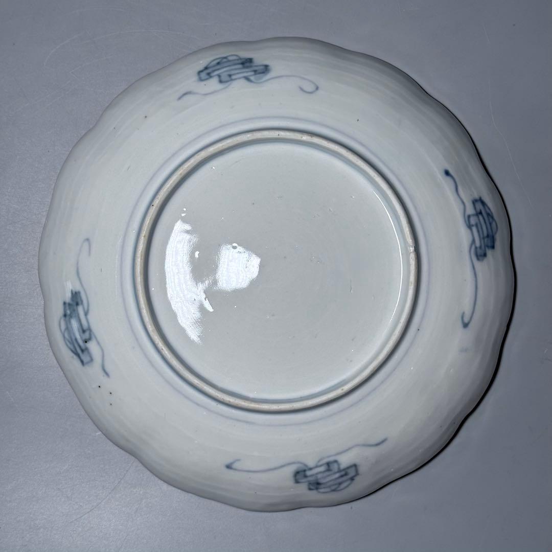 古伊万里　色絵花鳥図輪花形七寸皿　松竹梅　裏巻物文様　江戸期　金蘭手　最後の四枚