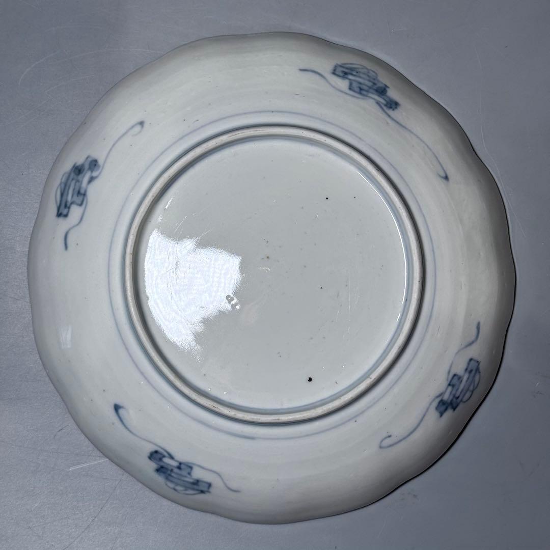 古伊万里　色絵花鳥図輪花形七寸皿　松竹梅　裏巻物文様　江戸期　金蘭手　最後の四枚