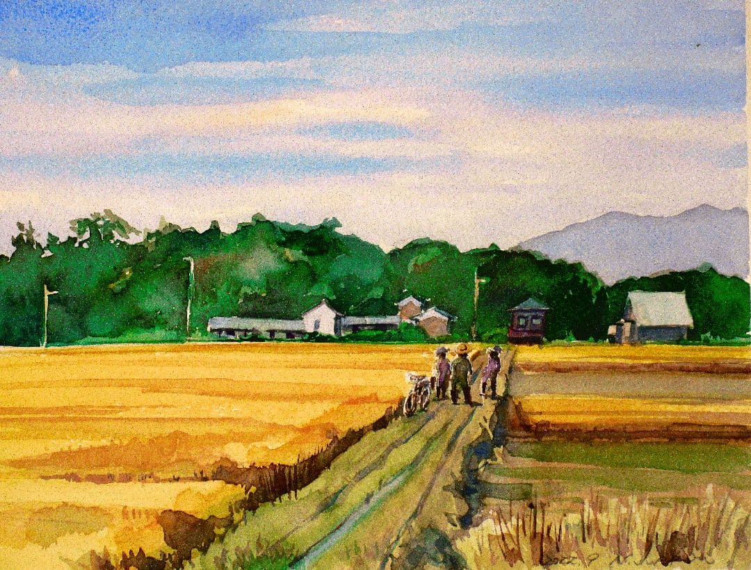 田園風景 水彩画 額装済み F6サイズ 原画