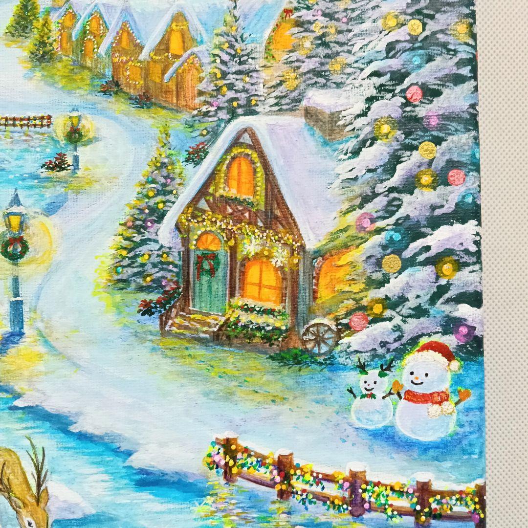 No.555 大きめF4 クリスマス　雪景色　冬景色　鹿　アクリル画　原画