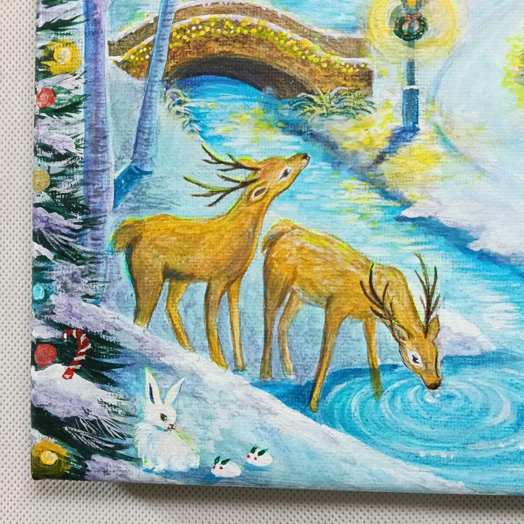 No.555 大きめF4 クリスマス　雪景色　冬景色　鹿　アクリル画　原画