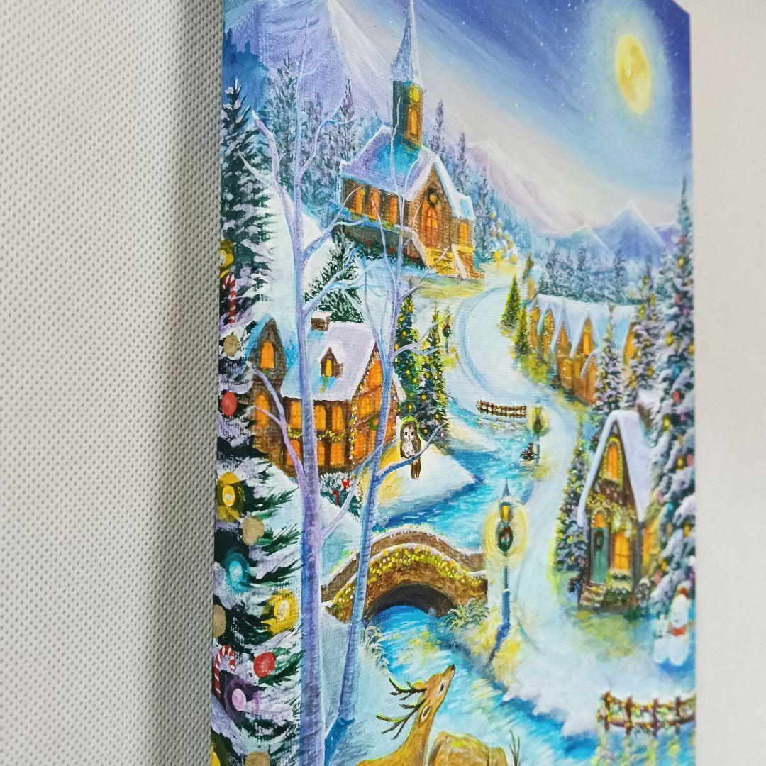 No.555 大きめF4 クリスマス　雪景色　冬景色　鹿　アクリル画　原画