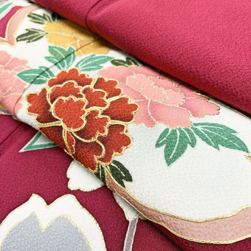 412z16☆中振袖 金駒刺繍 金彩 ちりめん 古典柄☆美品 成人式 結婚式