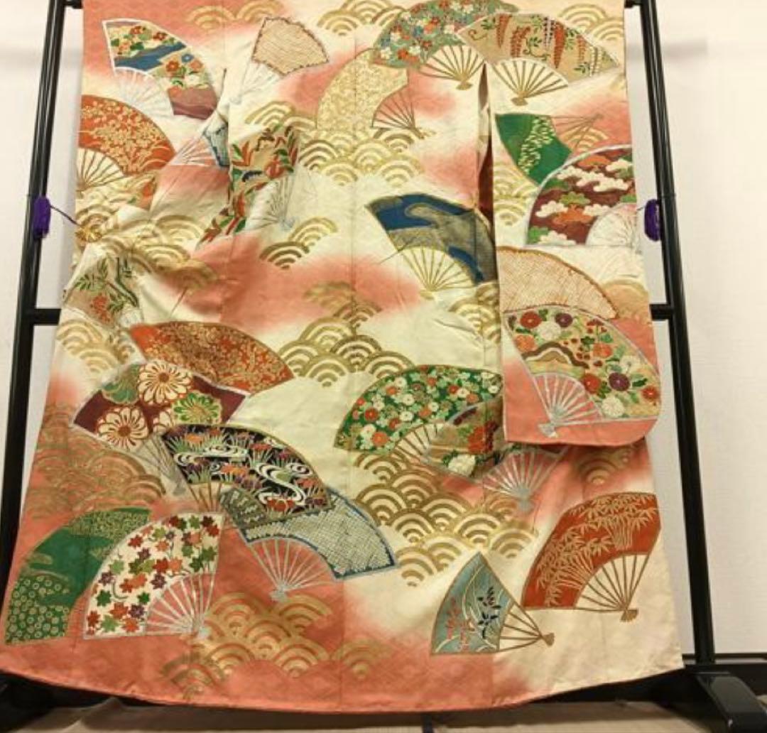 振袖フルセット6点サイズM〜Ｌ駒刺繍　扇面花文　暈し染め　金銀彩　金銀糸　正絹