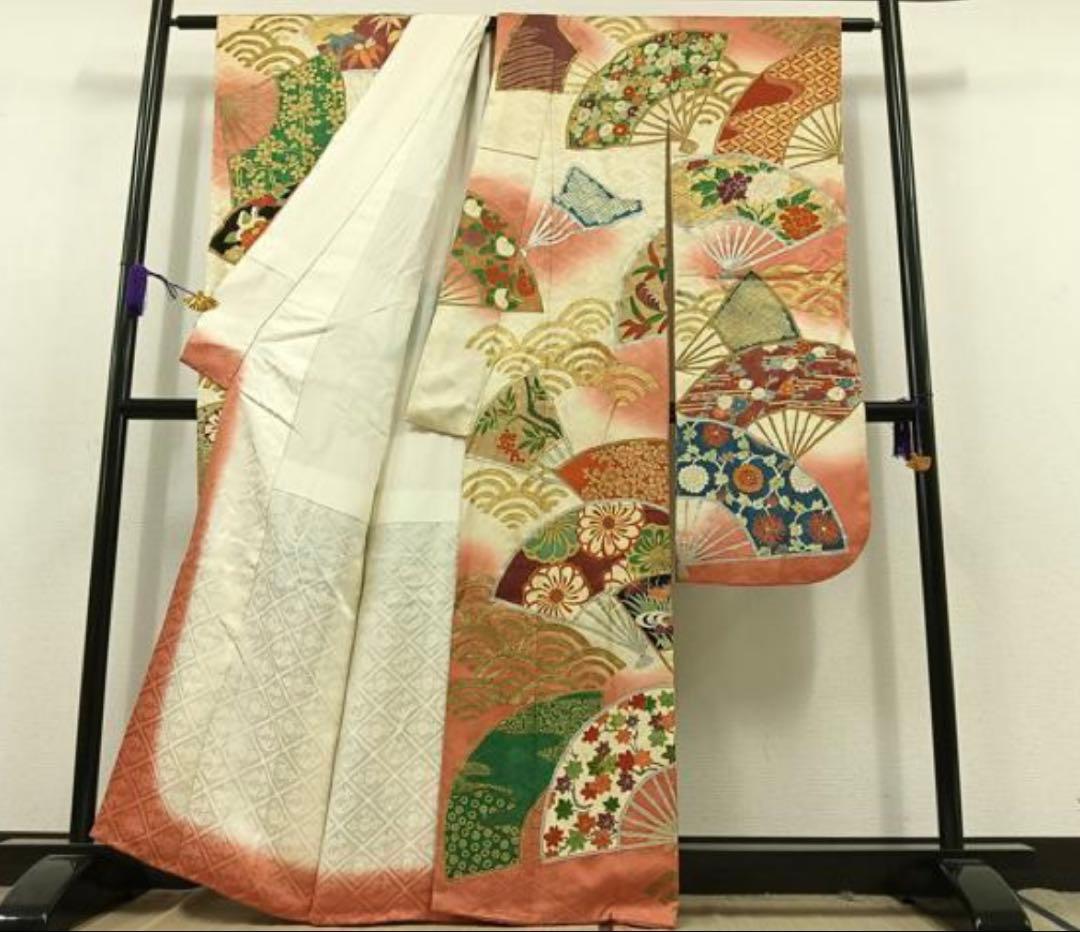 振袖フルセット6点サイズM〜Ｌ駒刺繍　扇面花文　暈し染め　金銀彩　金銀糸　正絹